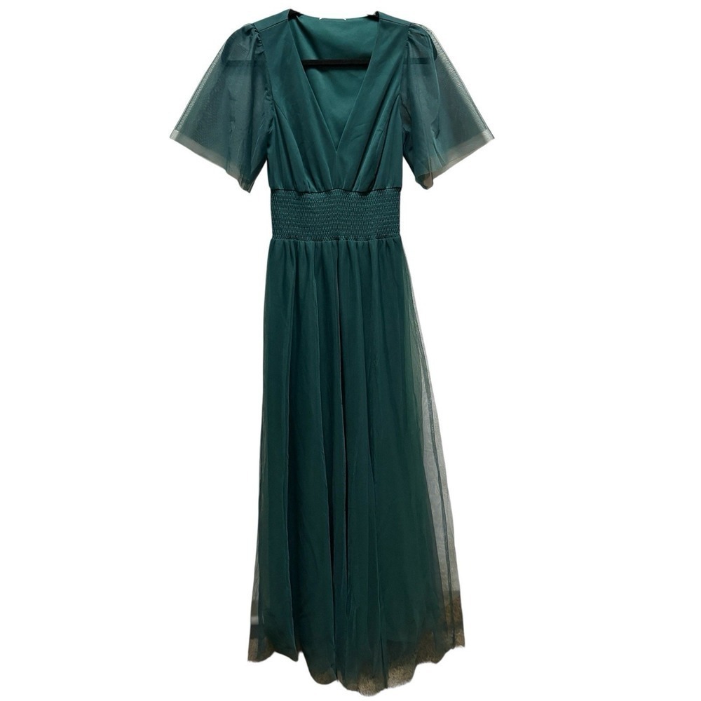 Formal Elegant Maxi Dress Green M Tulle A-Line Short Sleeve Modest Gown Evening
